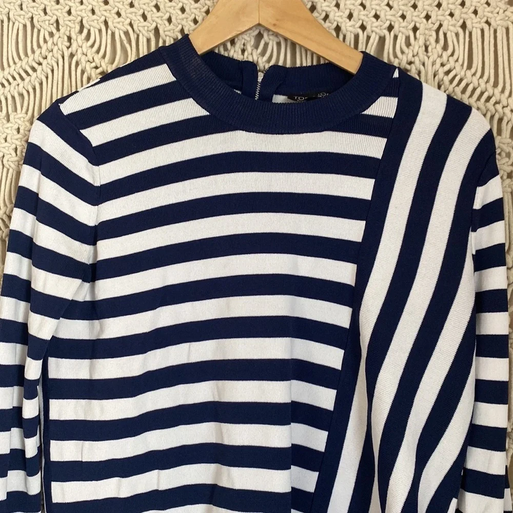 Topshop Asymmetrical  Striped Crew Neck Navy Blue White Crew Neck Sweate…